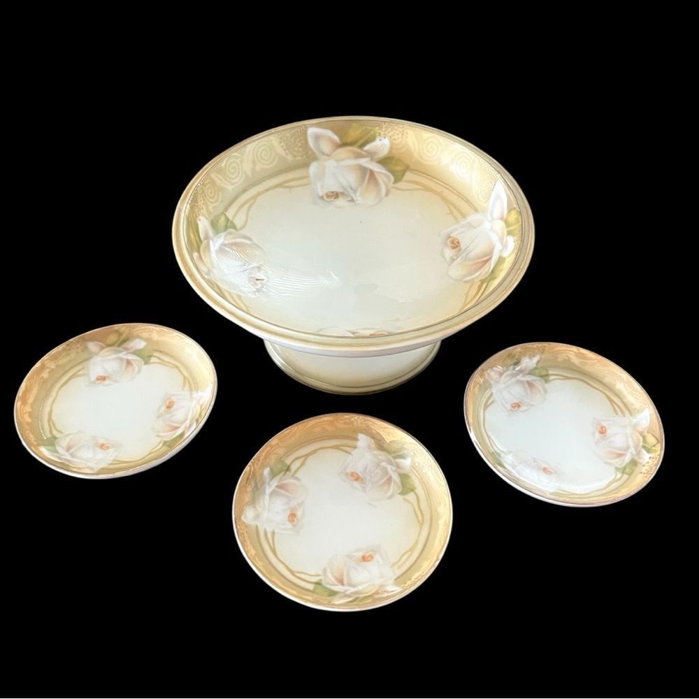 RS Germany Antique Floral Porcelain Compote Serving Set
